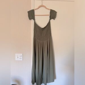 Lulus View from the Meadow Olive Green Off the Shoulder Dress